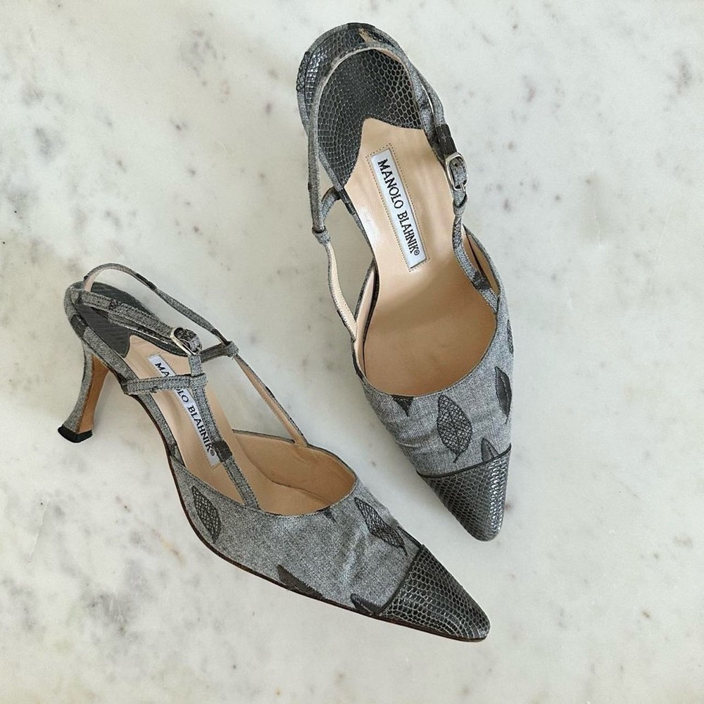 Manolo Blahnik Kitten Heels Embroidered Leaves